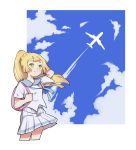  1girl aircraft airplane bag blue_sky blush clouds day green_eyes hand_behind_head highres lillie_(pokemon) long_hair pleated_skirt pokemon pokemon_(game) pokemon_sm ponytail school_uniform serafuku simple_background skirt sky smile solo white_background 