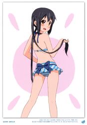  1girl 2011 absurdres bikini black_hair blush brown_eyes dated errant hand_in_hair highres k-on! long_hair looking_back nakano_azusa sidelocks solo striped striped_bikini striped_swimsuit swimsuit twintails 