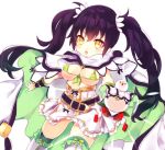  1girl belt bird black_hair bra breasts cape cleavage cowboy_shot erect_nipples flower_knight_girl green_bra houzuki_michiru long_hair looking_at_viewer medium_breasts olive_(flower_knight_girl) side_slit skirt solo thigh-highs twintails underwear white_background white_skirt yellow_eyes 