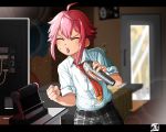  1boy ahoge blush closed_eyes ensemble_stars! himemiya_touri kaminosaki1 karaoke male_focus microphone necktie open_mouth pants pink_hair plaid plaid_pants school_uniform shirt sidelocks sleeves_folded_up solo sweatdrop 