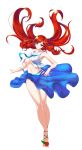  1girl air_bubble artist_request barefoot barefoot_sandals bikini_bottom blazblue blue_eyes breasts breath coral flower freediving highres holding_breath long_hair navel nokmal ocean open_clothes open_shirt redhead sarong shirt smile swimming swimsuit tsubaki_yayoi under_boob underwater white_background 