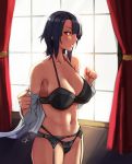  1girl black_bra black_gloves black_hair black_panties blush bra breasts cleavage collarbone curtains garter_belt garter_straps gloves groin hair_over_one_eye indoors kantai_collection large_breasts lips looking_at_viewer midriff navel panties parted_lips red_eyes short_hair signature taka_(vert_320) takao_(kantai_collection) thighs underwear underwear_only undressing window 