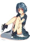  1girl bangs black_bullet black_dress blue_hair blush boots c: character_name closed_mouth collarbone copyright_name dated dress eyebrows_visible_through_hair full_body hiruko_kohina kinta_(distortion) knees_together_feet_apart leg_hug looking_at_viewer red_eyes short_hair simple_background sitting smile solo thighs wavy_hair white_background 