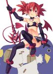  1girl :q bangs bare_shoulders blush bracelet choker closed_mouth demon_tail demon_wings disgaea elbow_gloves etna eyebrows_visible_through_hair flat_chest gloves hair_between_eyes holding holding_weapon jewelry kinta_(distortion) looking_at_viewer midriff navel pink_eyes pointy_ears polearm prinny purple_gloves redhead revealing_clothes simple_background smile solo spear spiky_hair tail thigh-highs tongue tongue_out twintails violet_eyes weapon white_background wings 