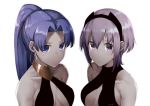  2girls assassin_(fate/prototype_fragments) assassin_(fate/zero) bare_shoulders black_hairband blue_eyes blue_hair breasts cleavage dark_skin earrings eiri_(eirri) fate/grand_order fate/prototype fate/prototype:_fragments_of_blue_and_silver fate/zero fate_(series) female_assassin_(fate/zero) hair_between_eyes hair_over_one_eye hairband high_ponytail jewelry long_hair looking_at_viewer lowres medium_breasts multiple_girls ponytail portrait purple_hair revealing_clothes short_hair upper_body violet_eyes 