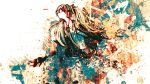  1girl abstract abstract_background alternate_hair_color bangs closed_eyes collared_shirt hatsune_miku headphones jacket long_hair long_sleeves meola miniskirt necktie open_clothes open_jacket orange_hair paint_splatter pleated_skirt shirt skirt solo twintails upper_body very_long_hair vocaloid wing_collar 