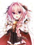  1boy blush braid cape fang fate/apocrypha fate/grand_order fate_(series) feathers gloves hair_ribbon long_hair looking_at_viewer male_focus pink_hair ribbon rider_of_black risei_jouhatsu_(ponco) single_braid smile solo trap violet_eyes 