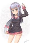  1girl 3:&lt; absurdres artist_name bangs closed_mouth controller cowboy_shot embarrassed eromanga_sensei eyebrows_visible_through_hair game_controller grey_eyes grey_hair highres holding izumi_sagiri legs_apart long_hair long_sleeves looking_at_viewer low-tied_long_hair shiny shiny_hair signature silver_hair sleeves_past_wrists solo standing sweater tears thighs v-neck wavy_mouth yonago_miko 