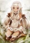  1girl bare_shoulders barefoot breasts brown_eyes commentary_request dark_skin elbow_gloves gloves hairband highres long_hair looking_at_viewer original pointy_ears ricci sidelocks sitting sketch small_breasts smile solo toeless_legwear wariza white_hair 