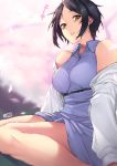  1girl artist_name bangs bare_shoulders black_hair black_ribbon blurry blurry_background breasts cherry_blossoms collared_dress day dress earrings eyebrows_visible_through_hair hayami_kanade highres idolmaster idolmaster_cinderella_girls jacket jewelry jjune lavender_dress long_sleeves looking_at_viewer medium_breasts off_shoulder open_clothes open_jacket outdoors parted_bangs parted_lips petals pink_lips ribbon sash short_hair sitting sleeveless sleeveless_dress smile solo stud_earrings teeth wariza white_jacket wing_collar yellow_eyes 