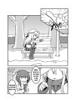  2girls belt bench comic english flat_cap food greyscale hair_ornament hairclip hat hibiki_(kantai_collection) highres ice_cream ikazuchi_(kantai_collection) kantai_collection long_hair monochrome multiple_girls neckerchief pleated_skirt raythalosm remodel_(kantai_collection) scarf school_uniform serafuku shoes short_hair sitting skirt snow thigh-highs verniy_(kantai_collection) 