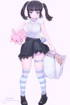  1girl bag black_hair blue_eyes blush breasts bursting_breasts coin_purse hand_on_hip large_breasts long_hair looking_at_viewer pink_background shopping_bag simple_background skindentation smile smug solo standing striped striped_legwear stuffed_animal stuffed_bunny stuffed_toy teddy_bear thigh-highs thighs twintails ushinomiya 