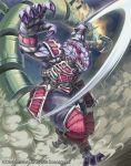  1boy armor cardfight!!_vanguard company_name furry horns ishida_baru japanese_armor lizard lizard_soldier_goraha lizard_tail lizardman male_focus nail_polish official_art purple_skin scales smoke solo sword weapon 