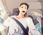  3boys brown_eyes driving feeding food grey_hair idolmaster idolmaster_side-m iseya_shiki kimura_ryuu long_sleeves looking_down multiple_boys open_mouth pocky producer_(idolmaster) sakaki_natsuki seatbelt short_hair smile t_k_g tongue tongue_out window 