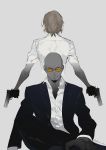  &gt;:) 2boys akechi_gorou artist_name back bald dual_wielding evil_eyes facial_hair father_and_son from_behind glasses gloves goatee grey_background greyscale gun handgun highres holding holding_gun holding_weapon jacket kaninn legs_crossed looking_at_viewer male_focus monochrome multiple_boys open_clothes open_jacket orange_eyes pants persona persona_5 semi-rimless_glasses shidou_masayoshi shirt short_sleeves simple_background sitting smile spoilers spot_color standing suit_jacket weapon wing_collar 