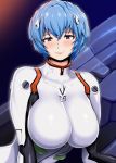  1girl ao_madou-shi ayanami_rei blue_hair bodysuit breasts highres large_breasts light_smile looking_at_viewer neon_genesis_evangelion plugsuit red_eyes short_hair solo 