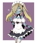  1girl black_bow black_skirt blue_skin bow brown_hair cowboy_shot detached_collar disgaea hair_over_one_eye long_hair looking_at_viewer maid maid_(disgaea) maid_headdress makai_senki_disgaea_5 mei_mu pointy_ears purple_background skirt skirt_hold smile solo thigh-highs twintails white_legwear wide-eyed wrist_cuffs yellow_eyes 