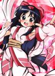  1girl armpits artist_request black_hair blush bow breasts brown_eyes fingerless_gloves gloves hair_bow hair_ribbon hairband highres long_hair medium_breasts nakoruru open_mouth red_bow ribbon samurai_spirits short_sleeves solo 