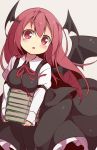  1girl baku_ph bat_wings black_skirt black_vest book book_stack breast_press breasts carrying head_wings highres koakuma long_hair open_mouth red_eyes redhead shirt skirt solo touhou vest wings 