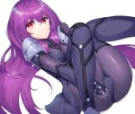  1girl blush bodysuit breasts covered_navel dabuki fate/grand_order fate_(series) gae_bolg highres long_hair looking_at_viewer lying medium_breasts on_back pauldrons purple_hair red_eyes scathach_(fate/grand_order) shoulder_armor solo very_long_hair 