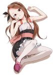  1girl absurdres armpits arms_at_sides asymmetrical_bangs bangs bare_arms bare_shoulders bent_knees blush breasts brown_eyes brown_hair collarbone dress from_above full_body hairband highres idolmaster long_hair looking_at_viewer lying minase_iori on_back pantyhose parted_lips short_dress small_breasts solo swept_bangs white_legwear yamamoto_souichirou 