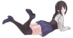  1girl black_hair black_legwear blue_eyes blue_skirt commentary_request from_side full_body hair_between_eyes hair_ornament lying on_stomach original shirt shoes simple_background skirt solo thick_thighs thighs white_background white_shirt yukiguni_yuu 