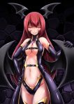  &gt;:) 1girl bangs bare_shoulders black_gloves breasts cowboy_shot dark_persona demon_girl demon_wings elbow_gloves evil_smile gloves glowing hand_on_hip head_wings highres inyuppo koakuma latex latex_gloves looking_at_viewer medium_breasts navel parted_lips red_eyes redhead revealing_clothes shiny shiny_clothes smile solo stomach strap tattoo thigh-highs touhou tsurime wings 