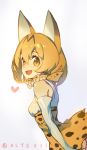  1girl :d animal_ears arm_at_side bare_shoulders blonde_hair bow bowtie breasts cowboy_shot elbow_gloves erect_nipples eyebrows_visible_through_hair eyelashes fang from_side gloves hair_between_eyes heart high-waist_skirt kemono_friends looking_at_viewer looking_to_the_side multicolored multicolored_clothes multicolored_skirt olys open_mouth serval_(kemono_friends) serval_ears serval_print shirt short_hair simple_background skirt sleeveless sleeveless_shirt small_breasts smile solo standing tareme twitter_username upper_body white_background white_gloves white_shirt yellow_eyes 