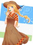  1boy 1girl arm_behind_back blonde_hair blue_eyes braid brown_dress collared_shirt dress eyebrows_visible_through_hair floating_hair ford_(story_of_seasons:_trio_of_towns) glasses harvest_moon hat head_tilt holding_plant long_hair looking_at_viewer musical_note nanami_(story_of_seasons:_trio_of_towns) niduca_(hio_touge) overall_dress partially_colored plaid plaid_shirt quaver round_glasses shirt silhouette spoken_musical_note standing story_of_seasons:_trio_of_towns sun_hat suspenders thought_bubble twin_braids very_long_hair wing_collar 