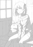  1girl :d aran_sweater backpack bag bangs bench between_legs bird blush collarbone eyebrows_visible_through_hair greyscale hair_ribbon hand_between_legs indoors kinta_(distortion) legs_apart lineart looking_at_viewer monochrome off-shoulder_sweater off_shoulder open_mouth original ribbon shorts sitting smile solo sweater thighs 