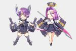  &gt;:) 2girls ;) black_dress black_necktie black_skirt breasts chibi dress eyepatch full_body glaive gloves grin hair_intakes headgear holding holding_sword holding_weapon kantai_collection large_breasts looking_at_viewer mechanical_halo multiple_girls necktie one_eye_closed partly_fingerless_gloves purple_hair school_uniform short_hair skirt smile sword tatsuta_(kantai_collection) tenryuu_(kantai_collection) torpedo_tubes turret violet_eyes weapon yellow_eyes yuuji_(and) 