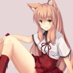  1girl animal_ears arm_support bangs blonde_hair breasts commentary_request eyebrows_visible_through_hair fate/extra fate/extra_ccc fate/extra_ccc_fox_tail fate_(series) fox_ears grin hair_between_eyes knees_up kurokage long_hair looking_at_viewer medium_breasts neck_ribbon pleated_skirt red_legwear red_ribbon red_skirt ribbon saber_(fate/extra_ccc_fox_tail) short_sleeves sidelocks simple_background sitting skirt smile socks solo teeth twitter_username wristband yellow_eyes 