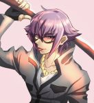  1boy flipped_hair grin jewelry looking_at_viewer male_focus mirokuji_yuuya popped_collar purple_hair re:creators simple_background smile solo sunglasses sword weapon 
