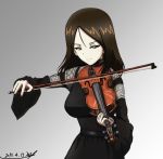  1girl artist_name bangs black_dress black_hair blue_eyes bukkuri date dress girls_und_panzer gradient gradient_background grey_background holding_instrument instrument light_smile long_hair long_sleeves looking_at_viewer nonna signature solo standing swept_bangs violin 