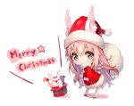  1girl animal_ears blue_eyes blush candy candy_cane chibi food hair_between_eyes hat holding long_hair looking_at_viewer merry_christmas open_mouth original pierorabu pink_hair rabbit rabbit_ears sack santa_costume santa_hat simple_background solo tareme white_background 