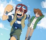  &gt;:d 2boys :d arm_behind_head blazer blue_shirt blush brown_eyes brown_hair brown_pants brown_shorts brown_vest clouds cloudy_sky day digimon digimon_adventure_02 dutch_angle goggles goggles_on_head green_jacket hair_between_eyes hand_in_pocket jacket male_focus motomiya_daisuke multiple_boys open_clothes open_mouth open_vest pants redhead running school_uniform shirt short_hair short_sleeves shorts sky smile striped striped_shirt t_k_g vest white_shirt wristband yagami_taichi 