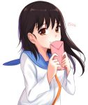  1girl bangs black_hair brown_eyes closed_mouth eyebrows_visible_through_hair highres holding_letter itachi_kanade letter light_smile long_hair long_sleeves looking_at_viewer love_letter nisekoi onodera_kosaki sailor_collar school_uniform serafuku simple_background smile solo upper_body white_background 