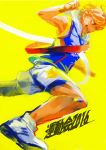  1boy 2016 aoi_yuusuke finish_line idolmaster idolmaster_side-m naebainae open_mouth orange_eyes orange_hair running shoes shorts sleeveless sneakers sweatdrop wristband yellow_background 