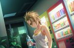  1girl bottle breasts brown_hair camisole camisole_over_clothes can ceiling cleavage closed_mouth collarbone dot_nose drinking_fountain dutch_angle earrings eyebrows_visible_through_hair eyelashes eyes_visible_through_hair green_eyes hair_between_eyes hair_over_eyes hand_up head_tilt holding holding_bottle idolmaster idolmaster_cinderella_girls idolmaster_cinderella_girls_starlight_stage indoors jewelry kimura_natsuki looking_at_viewer medium_breasts nail_polish official_art pink_nails plant potted_plant pursed_lips quiff shirt short_hair solo standing stud_earrings sweat tile_ceiling tiles vending_machine water_bottle water_cooler white_shirt wristband 