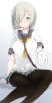  1girl blue_eyes breasts commentary_request gloves hair_ornament hair_over_one_eye hairclip hamakaze_(kantai_collection) kantai_collection large_breasts miniskirt pantyhose reaching_out school_uniform serafuku short_hair silver_hair sino_(sionori) skirt smile solo uniform 