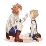  2boys bag boots bruise clenched_teeth crying cuts feeding gotou_toushirou hair_ornament hairclip houchou_toushirou injury kneeling leaf male_focus messenger_bag multicolored_hair multiple_boys oisih open_mouth orange_hair shorts shoulder_bag simple_background streaked_hair teeth torn_clothes touken_ranbu 