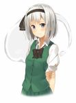  1girl arms_at_sides artist_name bangs blouse blue_eyes blush closed_mouth dated eyebrows_visible_through_hair green_skirt grey_hair hairband hitodama kinta_(distortion) konpaku_youmu looking_at_viewer pleated_skirt short_hair short_sleeves signature silver_hair simple_background skirt smile solo touhou upper_body vest white_background white_blouse 