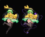  1girl ;d black_legwear blouse blush bouncing_breasts breasts curvy eyeball full_body green_eyes green_hair hat hips komeiji_koishi large_breasts legs looking_at_viewer lowres mary_janes no_panties one_eye_closed open_mouth pixel_art shoes skirt smile standing standing_on_one_leg takorin thigh-highs thighs third_eye touhou wide_hips 