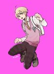  10s 1boy ahoge akamatsu_kaede backpack bag blonde_hair clenched_hand dangan_ronpa full_body genderswap genderswap_(ftm) highres inahara jumping looking_at_viewer male_focus musical_note musical_note_hair_ornament musical_note_print necktie new_dangan_ronpa_v3 open_mouth orange_necktie pants purple_background purple_sweater quaver randoseru school_uniform short_hair simple_background solo sweater_vest twitter_username violet_eyes 