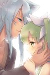  1boy 1girl animal_ears arm_grab blue_eyes blue_hair bush close-up closed_mouth couple eyebrows_visible_through_hair facial_mark fox_ears frey_(rune_factory) from_side green_eyes green_hair hair_ribbon hand_in_another&#039;s_hair hand_on_another&#039;s_cheek hand_on_another&#039;s_face leon_(rune_factory) long_hair looking_at_another niduca_(hio_touge) profile ribbon rune_factory rune_factory_4 simple_background smile twintails white_background white_ribbon 