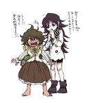  10s 1boy 1girl barefoot boots bow brown_hair buttons dangan_ronpa dark_skin dress full_body genderswap genderswap_(mtf) gokuhara_gonta highres inahara insect_cage long_hair new_dangan_ronpa_v3 ouma_kokichi purple_hair shorts simple_background straitjacket white_background 