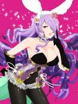  1girl animal_ears bare_shoulders blush breasts bunnysuit camilla_(fire_emblem_if) cleavage cleavage_cutout fire_emblem fire_emblem_heroes fire_emblem_if gloves hair_over_one_eye highres large_breasts lips long_hair looking_at_viewer purple_hair rabbit_ears smile solo strapless thighs tubetop very_long_hair violet_eyes wavy_hair 