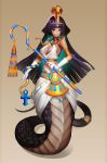  1girl absurdres armlet bare_shoulders blue_eyes breasts cleavage dark_skin egyptian egyptian_clothes full_body gloves gold hair_ornament highres jewelry lamia large_breasts long_hair looking_at_viewer makeup monster_girl necklace original smile snake_hair_ornament solo tiara very_long_hair white_gloves wu_yao_jun 