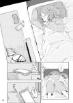  /\/\/\ 1girl bed bed_sheet blanket cellphone closed_eyes comic greyscale heri houjou_karen idolmaster idolmaster_cinderella_girls indoors long_hair lying monochrome on_back on_bed pajamas phone pillow sleeping smartphone translation_request under_covers 