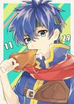  1boy blue_eyes blue_hair cape eating fire_emblem fire_emblem:_souen_no_kiseki food headband ike kuroomi male_focus meat short_hair simple_background 